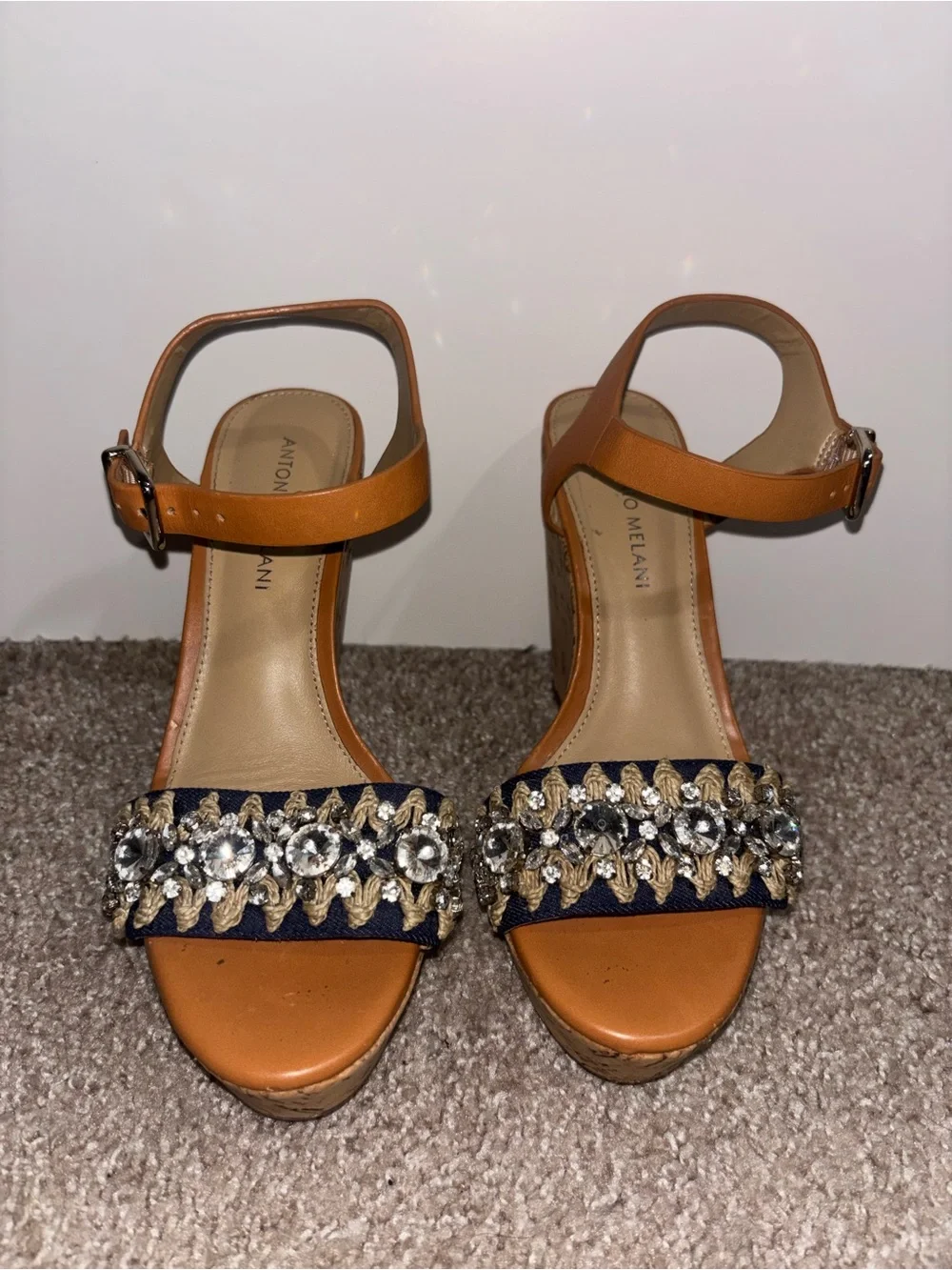 ANTONIO MELANI Tan Wedge Sandals with Navy Jeweled Front Strap